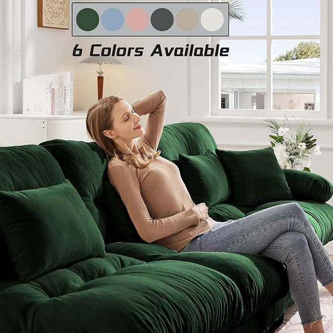 Modular Sectional Sofa, Comfy Cloud Couch 3 Seater Couch, Sectional Couches for Living Room, Modern Chenille Oversized Couches for Bedroom, Sleeper Deep Seat Sofa with Throw Pillows, Green-Ruum Studio Home