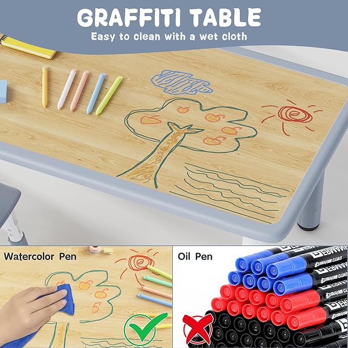 Brelley Kids Table and 4 Chairs Set, Height Adjustable Toddler Desk and Chair Set, Graffiti Desktop, Non-Slip Legs, Max 300lbs, Children Multi-Activity Table for Ages 2-8-Ruum Studio Home