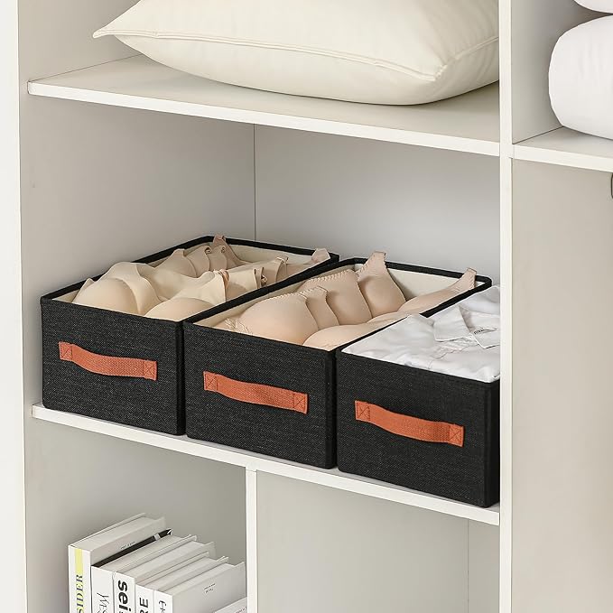 linen closet organizers and storage, 3 Pack Large Storage Baskets, Washable, Clothing Storage Bins with Handle, Closet Organizer for Storage Sweater,Sheets (Black, 16"x9½"x6¾")-Ruum Studio Home