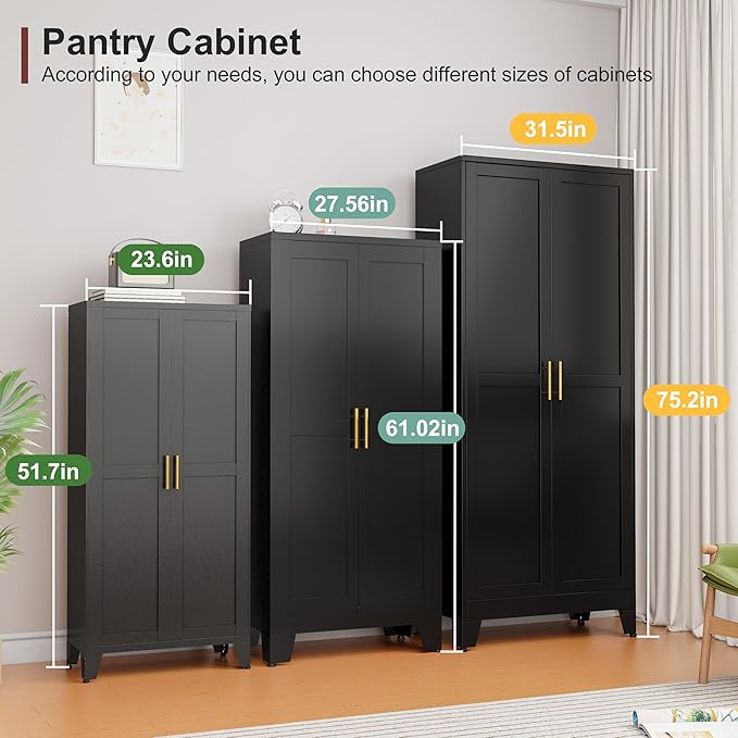 Metal Pantry Cabinet with 2 Doors and Adjustable Shelves, 61"Kitchen Storage Cabinet with Gold Handles, Versatile Storage for Laundry, Living, Bathroom, Dining, Utility Room - Black-Ruum Studio Home