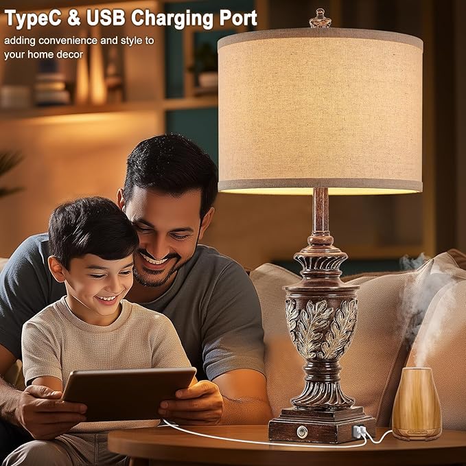 Farmhouse 3-Way Dimmable Touch Table Lamp Set of 2 for Bedroom Living Room with USB A+C Charging Ports 27.75" Tall Rustic Traditional Nightstand Bedside Lamps Brown End Table Lamp (2 Bulbs Included)-Ruum Studio Home