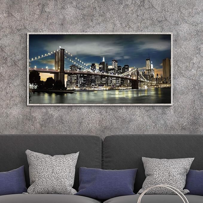 Framed Brooklyn Bridge Wall Art: Large Size New York Cityscape Skylines Night Scene Modern Picture Artwork for Home Office Decoration (48” X 24”)-Ruum Studio Home