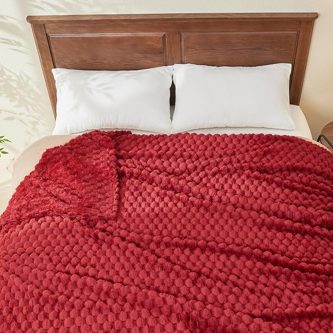 NEWCOSPLAY Super Soft Queen Blanket Red Premium Silky Flannel Fleece 3D Clouds Stylish Jacquard Lightweight Bed Blanket All Season Use 350GSM (Red, Queen(90"x90"))-Ruum Studio Home