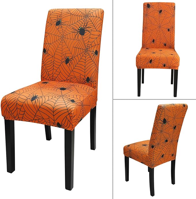 JQinHome Halloween Orange Dining Chair Slipcover, Spider Web Chair Covers Set of 6 ，High Stretch Washable Chair Protector Cover for Dining Room, Kitchen,Home Party,Wedding Ceremony(Orange, 6PC)-Ruum Studio Home