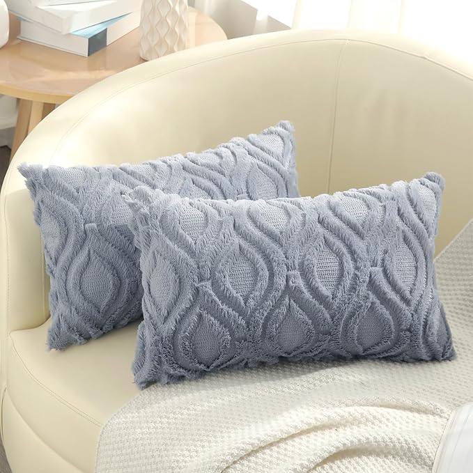 decorUhome Fall Throw Pillow Covers 12x20 Inch Set of 2, Soft Plush Decorative Faux Fur Blue Grey Solid Couch Pillow Covers, Accent Farmhouse Neutral Lumbar Euro Pillow Cases for Sofa Bed Living Room-Ruum Studio Home