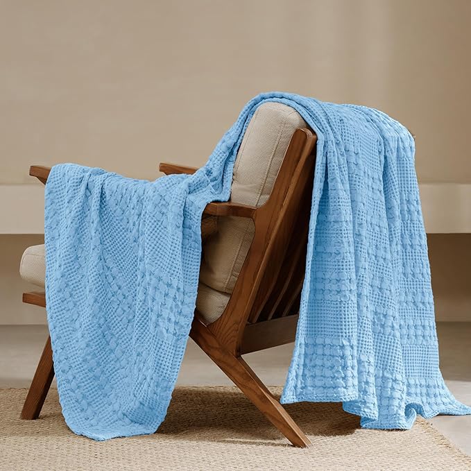 PHF 100% Cotton Waffle Weave Throw Blanket, Soft Lightweight Breathable Cozy Summer Throws for Couch Bed Sofa, Luxury Aesthetic Woven Blanket for Home Decor & Office, 50"x60", Sky Blue-Ruum Studio Home