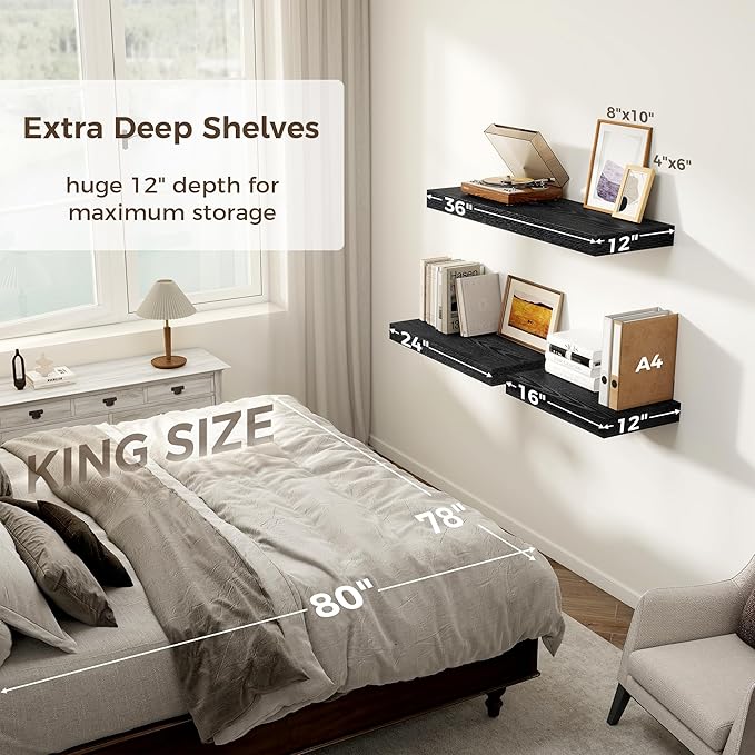 12 Inch Deep Black Floating Shelves, 16 x 12 Floating Shelf for Books, Rustic Wood Deep Wall Shelves for Home Storage & Display, 2" Thicked Shelves for Kitchen, Living Room, Bedroom, 2 Pack-Ruum Studio Home