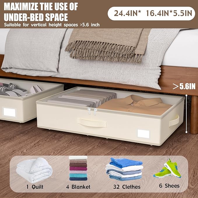 Under Bed Storage with Wheels, No Assemble Required 5.5 inches height beige under bed storage bins,Low Profile Rolling Under bed Shoe Storage containers，dorm under bed storage drawers-Ruum Studio Home