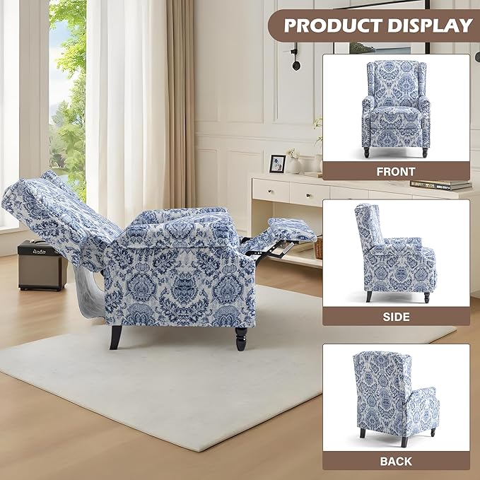 UIXE Floral Pushback Recliner Chair, Fabric Upholstered Armchair Push Back Accent Chair for Living Room, Rivet Trim Club Chair Home Theater Single Sofa Reading Seat - Navy Blue-Ruum Studio Home