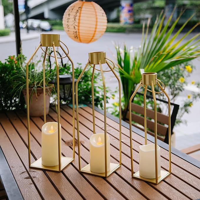 HPC DECOR Modern Farmhouse Lantern Decor- 22''19''16''Tall Large Gold Metal Candle Lanterns for Home Decor-Lanterns Decorative w/Timer Flickering Candles for Living Room,Outdoor,Fireplace Mantle Decor-Ruum Studio Home