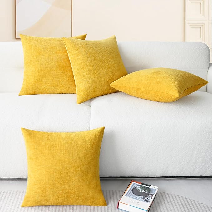 CaliTime Throw Pillow Covers Decorative 18 X 18 Inches Pack of 4 Cozy Chenille Cushion Cases for Couch Sofa Bed Living Room Home Mustard Yellow-Ruum Studio Home