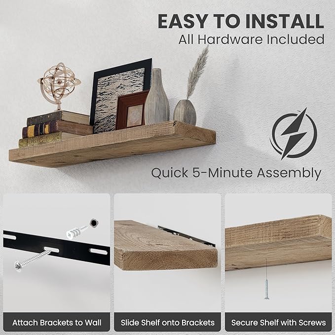 Floating Shelves, 8 Inch Deep Rustic Solid Reclaimed Wood Wall Shelves for Storage, Wall Mounted Display Shelving with Invisible Heavy-Duty Metal Bracket, 30 Inch Width Set of 2, Natural-Ruum Studio Home