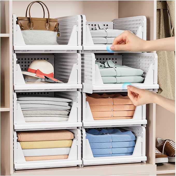 5 Pack Stackable Closet Storage Basket - Stackable Storage Bins, Multifunctional & Foldable Closet Organizer, Wardrobe Cupboard Space-Saving Hat Storage Drawer Organizer, White-Ruum Studio Home