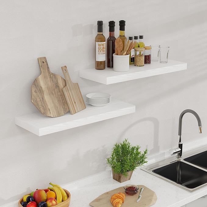 24 Inch Floating Shelves, Rustic 24 x 9 White Floating Shelf for Wall, White Bathroom Shelves Set of 2, Farmhouse Wood Wall Shelf for Bedroom, Kitchen, 9 Inch Deep Shelves for Home Storage-Ruum Studio Home