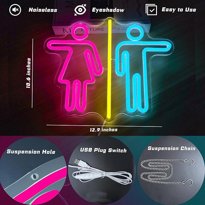 Restroom Neon Signs for Wall Decor Bathroom Neon Sign Dimmable LED Powerd Toilet Light Restroom Signs for Business Ideal for Bathroom, Bar, Hotel, Hospital,Home and Party Decoration(12.9 * 10.6inch)-Ruum Studio Home