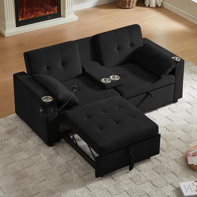 70" Queen Size Sofa Bed for Living Room – Pull-Out Sleeper Sofa Couch with Cup Holder, Phone Holder, USB Charging Port, Solid Wood Frame, Easy Assembly, Space-Saving Design for Small Apartments-Ruum Studio Home
