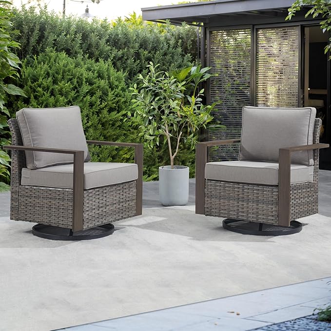 Outdoor Patio Swivel Rocker Chairs - Wicker Rattan Patio Swivel Rocking Chairs Set of 2 with Metal Wide Armrest, Thick Cushions and Deep Seating for Deck Porch Sunroom Garden(Mixed Grey/Grey)-Ruum Studio Home