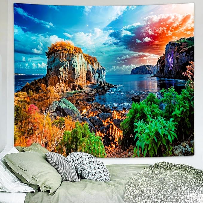 Delur Coastal Ocean Beach Tapestry Tropical Forest Tree Sunrise Sea Landscape Tapestry Wall Hanging Wave Sunset Nature Colorful Spiritual Headboard for Bedroom Living Room Home Decor (70.8" x 92.5")-Ruum Studio Home