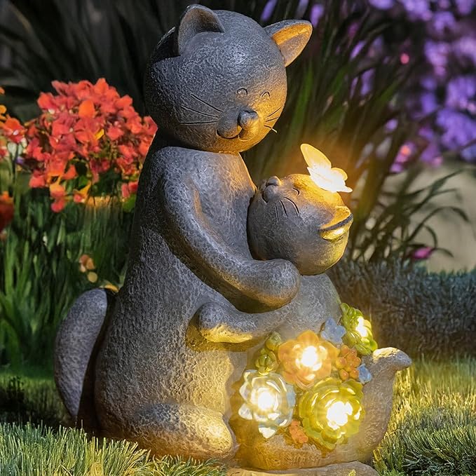 Solar Garden Statues Loving Cat Figurine Lights for Outside, Yard Decorations Outdoor, Garden Decor Unique Mothers Day Birthday Housewarming Gifts for Mom, Women-Ruum Studio Home