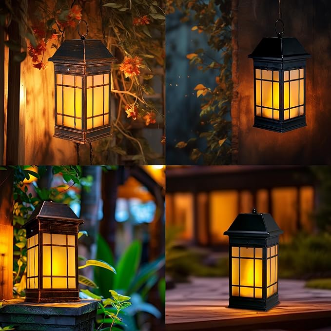 14" Solar Lantern Outdoor Waterproof, Glass Flickering Flame Solar Lanterns, Hanging Metal Lantern Decorative for Patio Front Porch Garden Backyard Tabletop Party Decoration-Ruum Studio Home