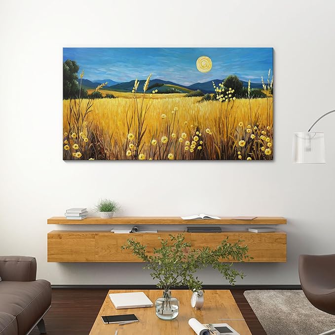 AJAZIKO Landscape Wall Art Moon Framed Canvas Wall Art Large Yellow Living Room Wall Decor Fall Paintings for Bedroom Nature Office Artwork 24×48IN-Ruum Studio Home