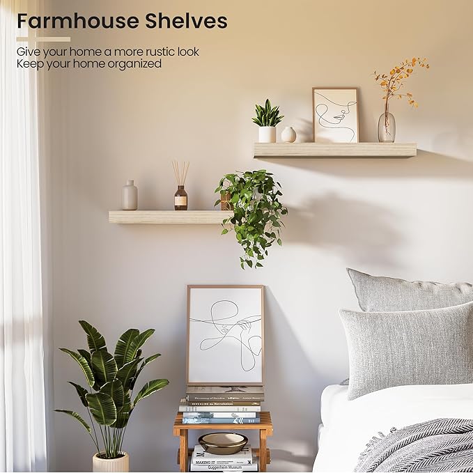 Natural Wood Floating Shelves 16”x 8”x 1.4” Book Shelf Floating for Wall Mounted, Heavy Duty Shelf Hold 35 lbs, Unfinished Wall Shelves for Bathroom, Living Room, Kitchen, Bedroom, Office-Ruum Studio Home