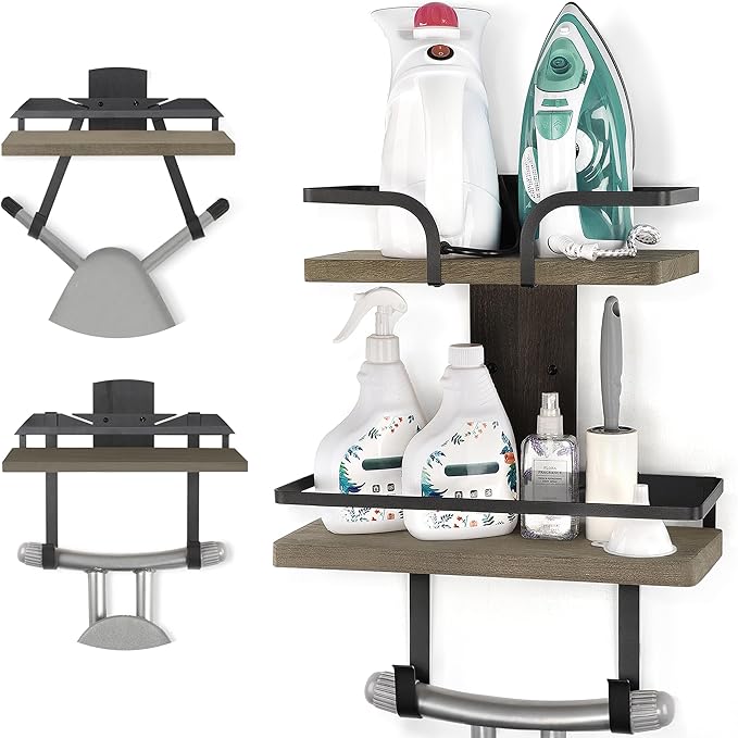VINAEMO Ironing Board Hanger Wall Mount, 2-Layer Iron and Ironing Board Holder, Laundry Room Shelves Solid Wood with Removable Hooks Home Organization and Storage-Ruum Studio Home