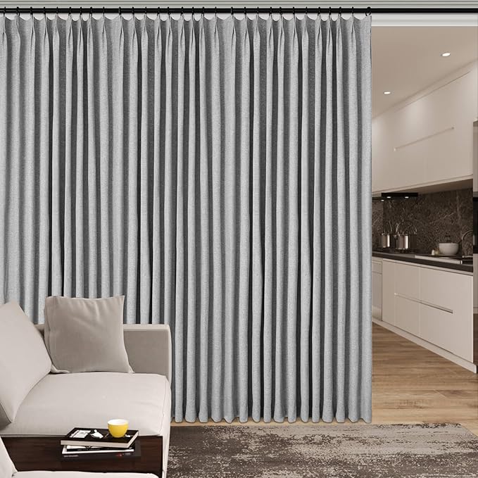 Extra Wide 100% Blackout Linen Textured Curtains - Room Dividers, W200 x L96 (1 Panel), Pinch Pleat Drapes for Living Room, Full Light Block Out Drapery for Sliding Door, Light Grey-Ruum Studio Home