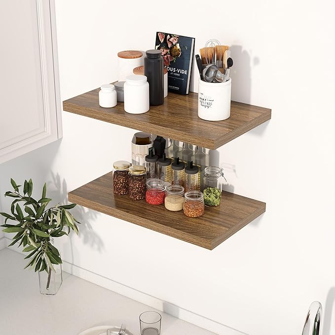 24" Floating Shelves for Wall, 12" Deep Slim Walnut Floating Shelves, Wall-Mounted Shelves for Bedroom, Living Room, Kitchen, Bathroom - Set of 2-Ruum Studio Home