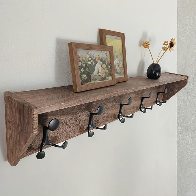 SKOLOO Wall Shelf with Hooks, 35-Inch Weathered Brown Coat Rack Wall Mount with Shelf Organizer - Lightweight & Sturdy, 5 Tri Hooks - Perfect for Entryway, Hallway, Living Room, Bedroom, Mudroom-Ruum Studio Home