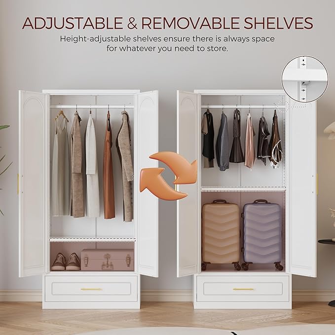 Metal Armoire Wardrobe Closet with 2 Doors, 71" Tall Wardrobe Cabinet with Hanging Rod, Drawers and Adjustable Shelves, White Clothing Storage Cabinets for Bedroom, Home Office-Ruum Studio Home