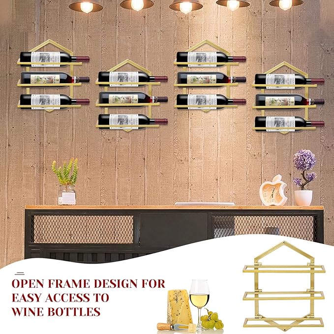 2Pcs Wall Mounted Wine Stemware Rack, Metal Hanging Wine Glass Display Holde Holds 3 Bottles, Elegant Storage for Kitchen Dining Room Bar Wine Cellar (Gold)-Ruum Studio Home