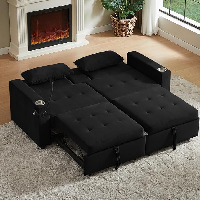 70" Queen Size Sofa Bed for Living Room – Pull-Out Sleeper Sofa Couch with Cup Holder, Phone Holder, USB Charging Port, Solid Wood Frame, Easy Assembly, Space-Saving Design for Small Apartments-Ruum Studio Home
