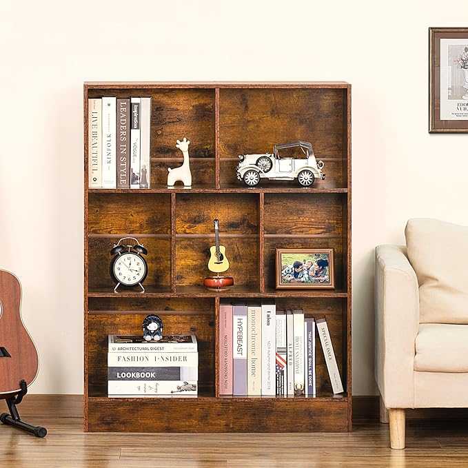 LEYAOYAO 7 Cube Bookshelf with Base,3 Tier Mid-Century Modern Brown Bookcase,Standing Wide Bookshelves Storage Organizer Shelf,Rustic Wood Display Cabinet Book Shelves for Bedroom,Living Room,Office-Ruum Studio Home