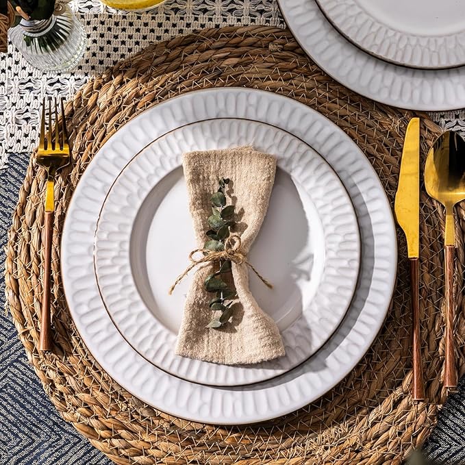 GBHOME Ceramic Dinnerware Sets,18 pcs Embossed Elegant Stoneware Plates and Bowls Sets, Housewarming Wedding Gift | Dishwasher & Microwave Safe | Dishes Set Service for 6-Ruum Studio Home
