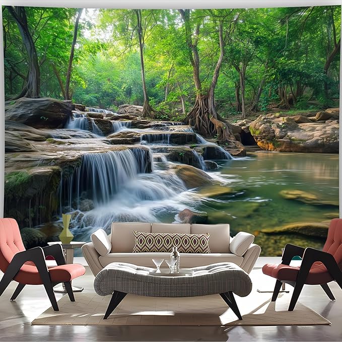 BSFHH Nature Tapestry Forest Tree Sea Cave Wall Hanging, Stream Through Rainforest Landscape Wall Art Tapestry for Bedroom Living room (Creek, 90"×70", Unframed)-Ruum Studio Home