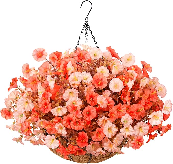 Artificial Fall Flowers Fake Hanging Plants Flowers Basket for Outdoors Autumn Decoration, Silk Morning Glory with Eucalyptus Look Real UV Resistant Faux Flowers for Outside Porch Patio Balcony, Mix-Ruum Studio Home