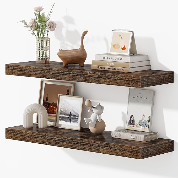 Dreamland 32 Inches Floating Shelves for Wall, 9.3" Deep Long Floating Shelves Set of 2, Large Display & Storage Shelf, Wall Shelf for Bathroom Bedroom Living Room Kitchen Office, Rustic Brown-Ruum Studio Home