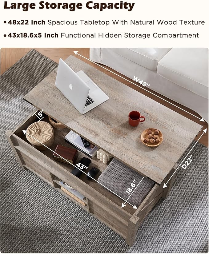 OKD 48" Farmhouse Lift Top Coffee Table with Sliding Barn Door, Rustic Center Table w/Hidden Storage Compartment, Lift Tabletop Dining Table w/Adjustable Shelf for Living Room,Light Rustic Oak-Ruum Studio Home