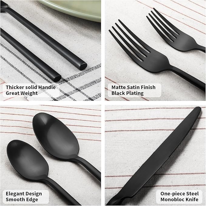 Alata Potter Black 20-Piece Forged Silverware Set, Service for 4 Stainless Steel Flatware Set, Modern Design with Satin Finish, Ideal for Home, Kitchen, Party, Camping-Ruum Studio Home