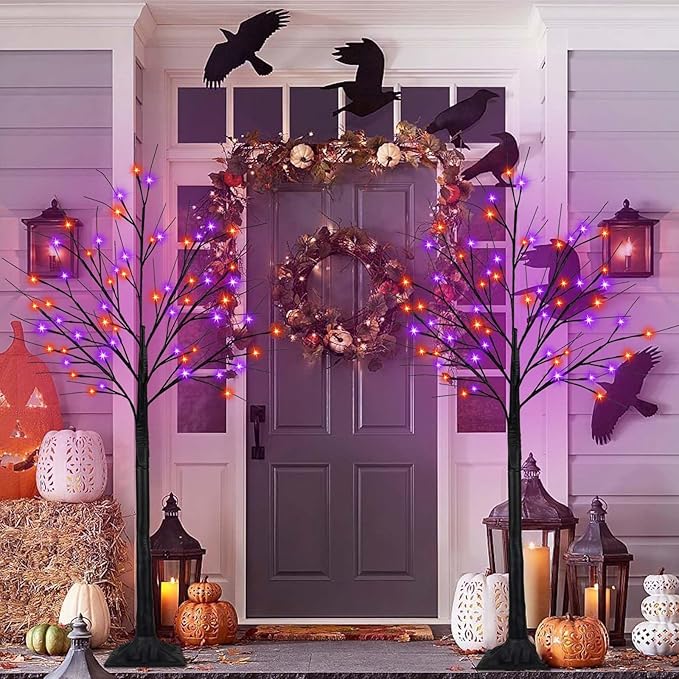 2Pack 5FT 200LED Black Halloween Tree Lights, Timer Function Lighted Black Trees with Purple and Orange Lights, Spooky Trees Light for Indoor Outdoor Halloween Decorations-Ruum Studio Home