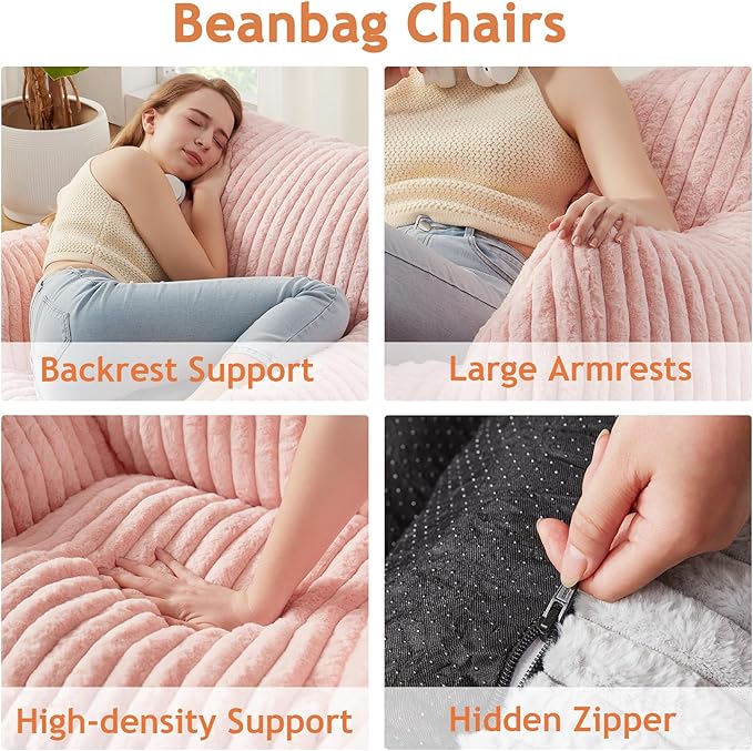 Giant Bean Bag Chairs for Adults with Filling Plush Fluffy Bean Bag Chairs for Teens with Armrests Comfy BeanBag Lazy Couch Sofa Chair for Bedroom Living Room Reading-Ruum Studio Home