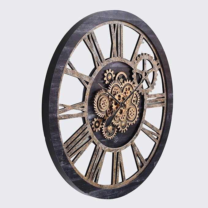 The Gears Clock 36'' Inch Real Moving Gear Wall Clock Vintage Industrial Oversized Rustic Farmhouse (Vintage Black Wood and Bronze)-Ruum Studio Home