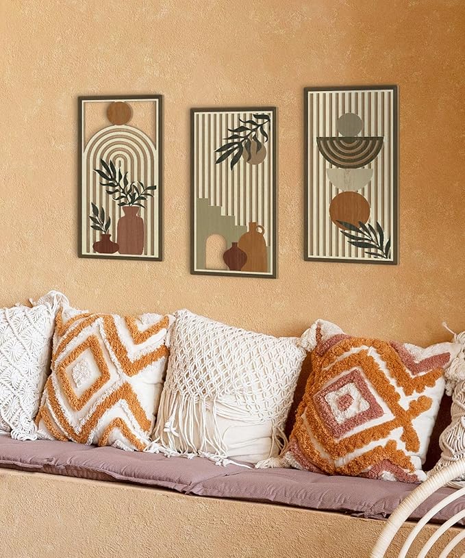 Putuo Decor Boho Wall Art Set of 3, Abstract Geometric Wooden Wall Decor, Mid-Century Modern Aesthetic Artwork with Arch, Vase & Botanical Design for Living Room, Bedroom, Office, 16.5 x 8.6 Inch-Ruum Studio Home