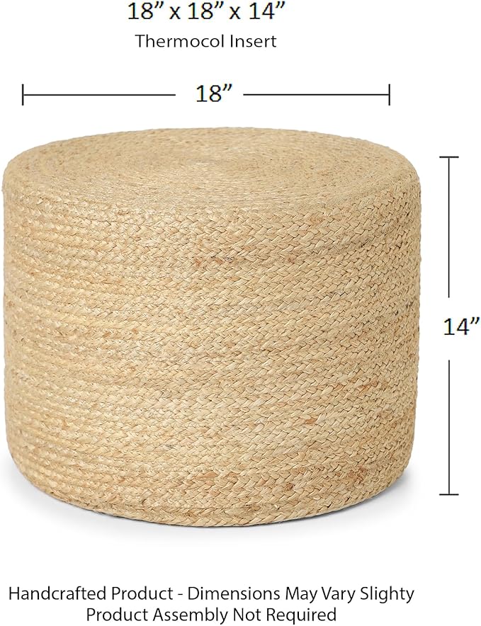 REDEARTH · Cylindrical Pouf Foot Stool Ottoman - Jute Braided Pouffe Poof Accent Sitting Footrest for Living Room, Bedroom, Nursery, Patio, Lounge & Other Rooms (Natural, 18"x18"x14")-Ruum Studio Home