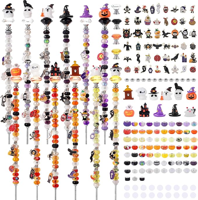 358PCS Halloween Beaded Garden Stakes, DIY Halloween Fairy Wand Garden Stake Decorative Kit with 12 in or 10 in Threaded Rod, Crystal Top, Large Holes Bead, Pendant for Outdoor or Indoor Decoration-Ruum Studio Home