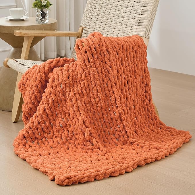 Bigacogo Chunky Knit Throw Blanket for Couch, 40x40 inches, 100% Hand Knitted with Thick Jumbo Chenille Yarn, Cozy Soft Large Rope Knot Cable Crochet Blankets for Sofa Bed Living Room, Terracotta-Ruum Studio Home