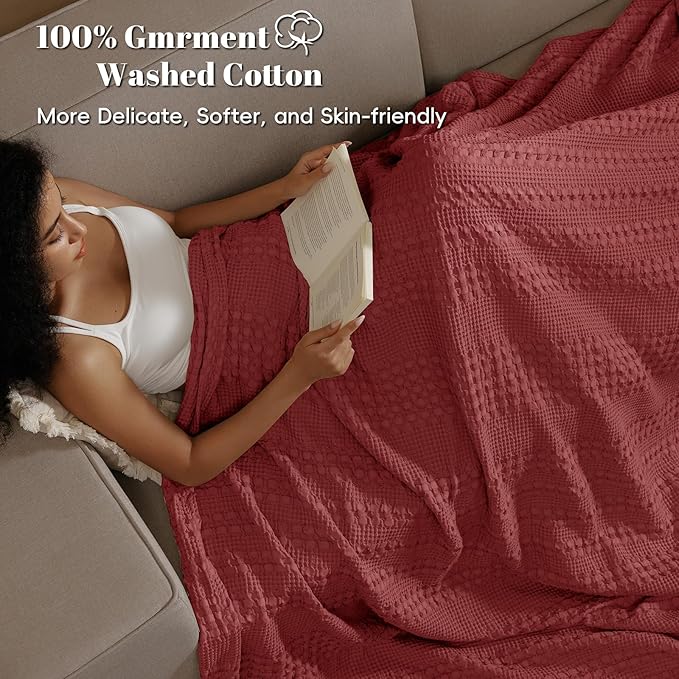 PHF 100% Cotton Waffle Weave Blanket Twin Size, Soft Lightweight Breathable Cozy Summer Blankets for Bed, Luxury Aesthetic Woven Bedding for Home Decor, 66"x90", Wine Red-Ruum Studio Home