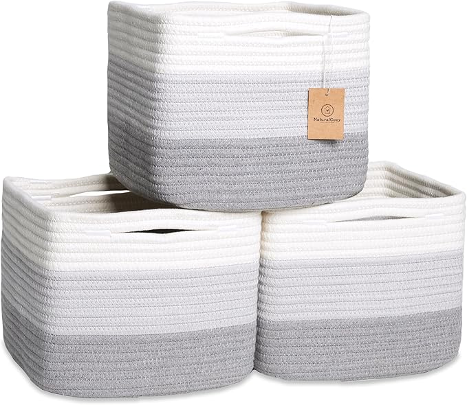 NaturalCozy Storage Cubes 9”x9”x7”Cotton Rope Woven Baskets for Organizing 3-Pack | 9 Inch Cube Storage Bin | Small Basket for Shelf Nursery, Pantry, Decorative Plant, Bathroom Closet, Toy Gift-Ruum Studio Home