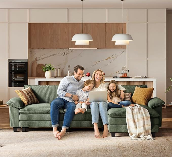 LINSY HOME Modular Sectional Sofa - 123'' Oversized Corduroy Cloud Couch L Shaped Couch with Movable Ottoman Soft Modern Comfy Sofa for Living Room Apartment Office, Green-Ruum Studio Home